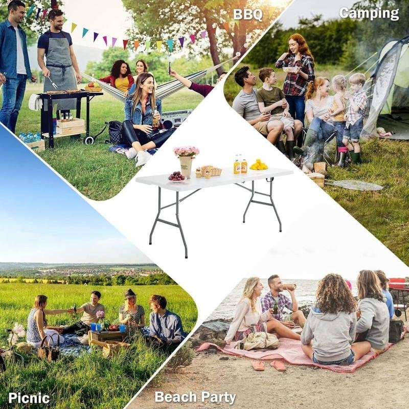طاولة بلاستيكية قابلة للطي 6 قدم 180سم مع مقبض وقفل للنزهات والحفلات والتخييم من بونكا