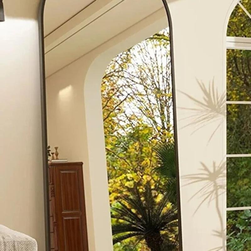 مرآة كاملة الطول المقاس {80x180سم} مع حامل مقوس، مرآة أرضية، مرآة حائط، معلقة/مائلة | أسود