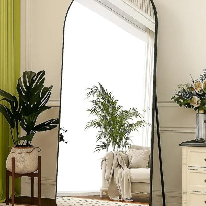 مرآة كاملة الطول المقاس {80x180سم} مع حامل مقوس، مرآة أرضية، مرآة حائط، معلقة/مائلة | أسود
