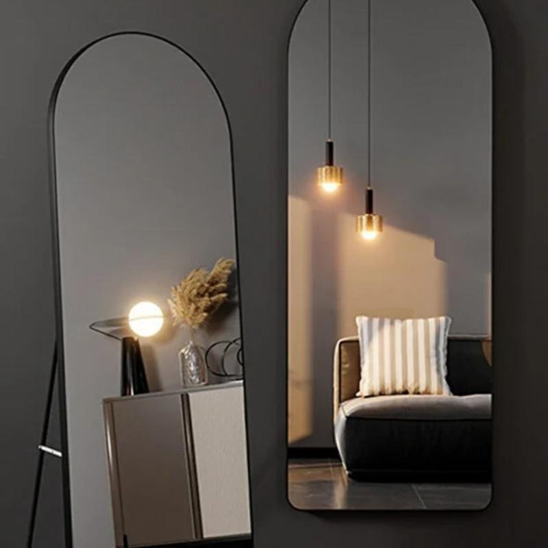 مرآة كاملة الطول المقاس {80x180سم} مع حامل مقوس، مرآة أرضية، مرآة حائط، معلقة/مائلة | أسود