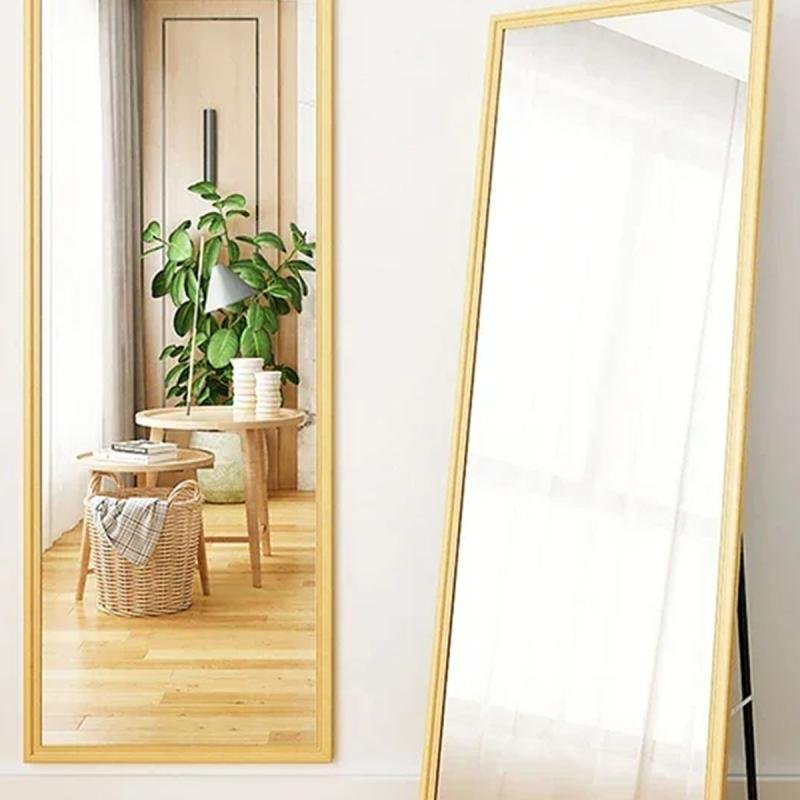 مرآة أرضية معدنية كاملة الطول بتصميم خشبي، مقاس 160×50 سم، بيج