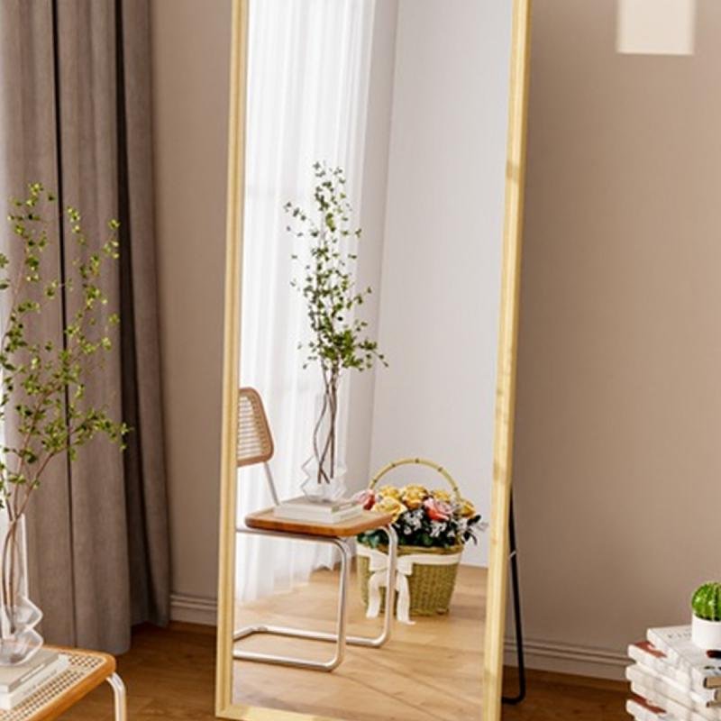 مرآة أرضية معدنية كاملة الطول بتصميم خشبي، مقاس 160×50 سم، بيج