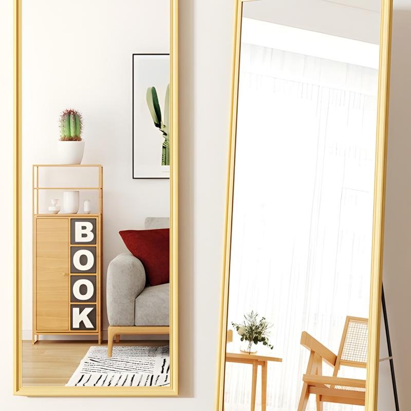 مرآة أرضية معدنية كاملة الطول بتصميم خشبي، مقاس 160×50 سم، بيج
