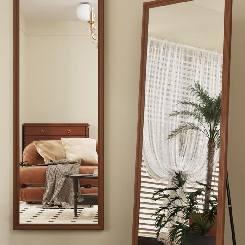 مرآة أرضية معدنية كاملة الطول بتصميم خشبي، لون بني، 160×50 سم