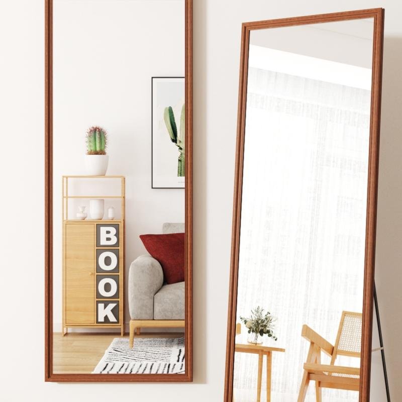 مرآة أرضية معدنية كاملة الطول بتصميم خشبي، لون بني، 160×50 سم