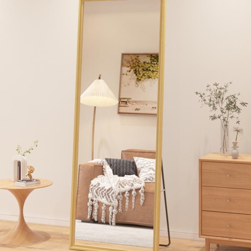 مرآة أرضية معدنية كاملة الطول بتصميم خشبي، مقاس 160×50 سم، بيج