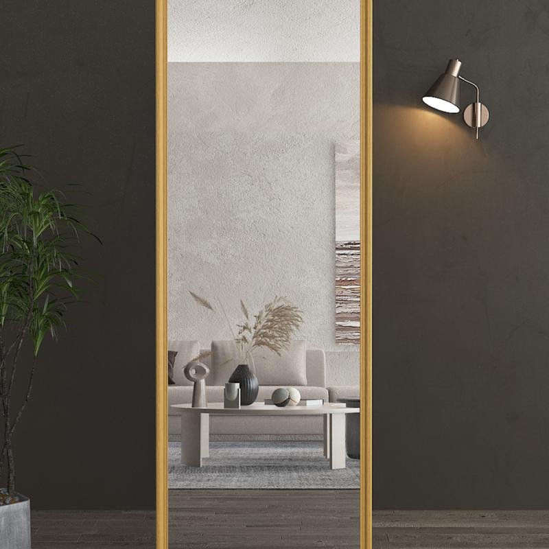 مرآة أرضية معدنية كاملة الطول بتصميم خشبي، مقاس 160×50 سم، بيج