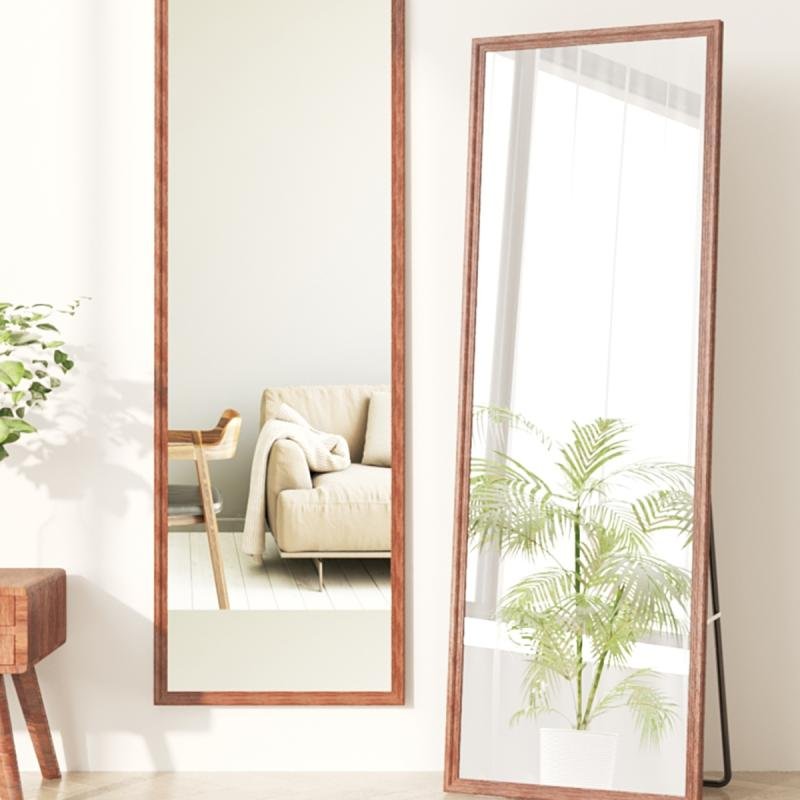 مرآة أرضية معدنية كاملة الطول بتصميم خشبي، لون بني، 160×50 سم