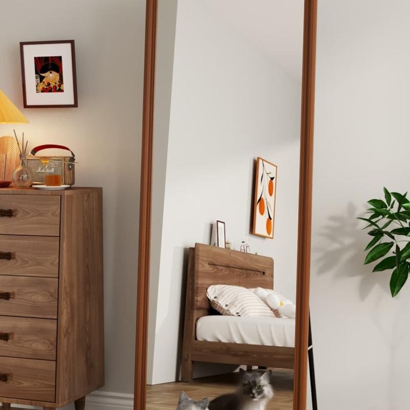 مرآة أرضية معدنية كاملة الطول بتصميم خشبي، لون بني، 160×50 سم