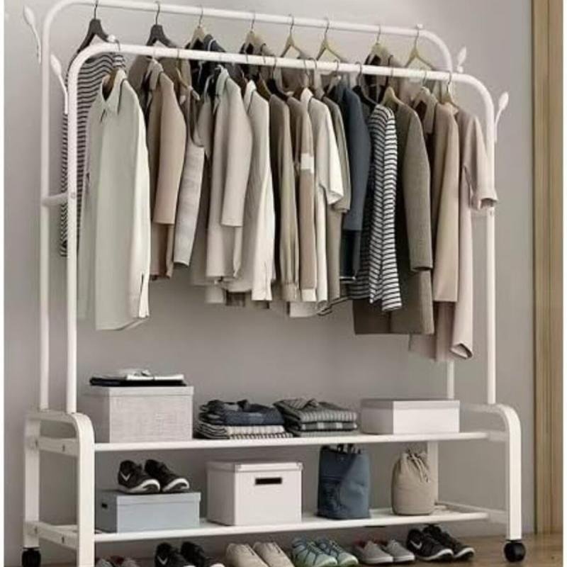 منظم علاقة ملابس معدن وحامل ملابس أبيض بعجلات 110x55x150 سم