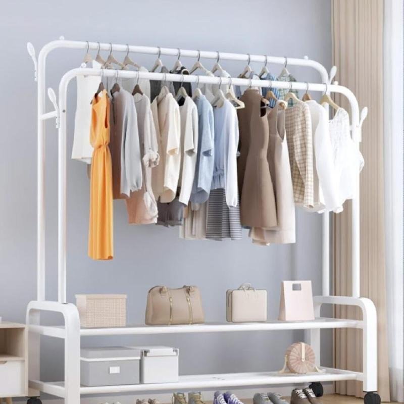 منظم علاقة ملابس معدن وحامل ملابس أبيض بعجلات 110x55x150 سم