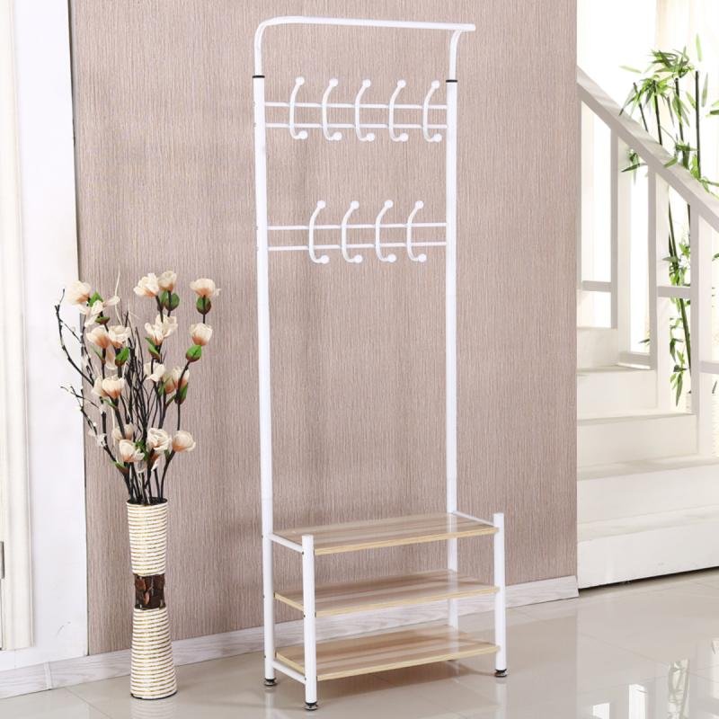 منظم علاقة ملابس معدن وحامل ملابس مزود بخطافات و 3 رفوف احذية | ابيض 190x66x30 سم