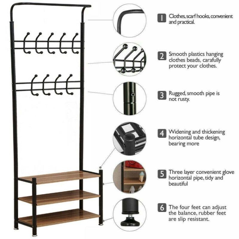 منظم علاقة ملابس معدن وحامل ملابس مزود بخطافات و 3 رفوف احذية | اسود 190x66x30 سم
