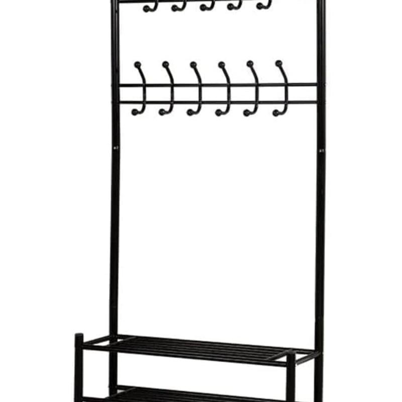 منظم علاقة ملابس معدن وحامل ملابس مزود بخطافات و 3 رفوف احذية | اسود 190x81x30 سم