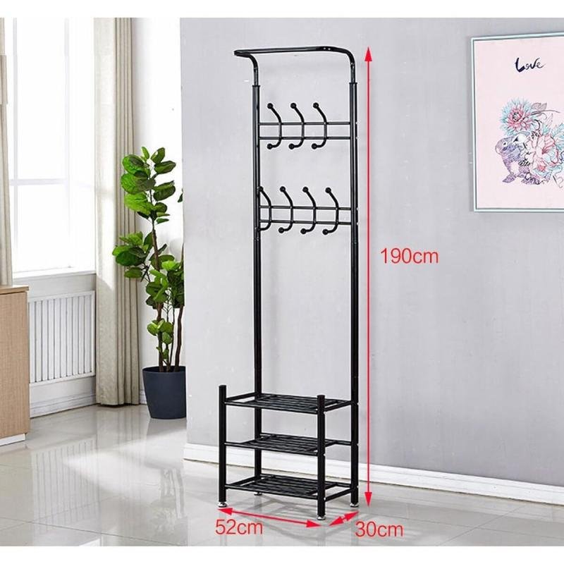 منظم علاقة ملابس معدن وحامل ملابس مزود بخطافات و 3 رفوف احذية| اسود 190x52x30 سم