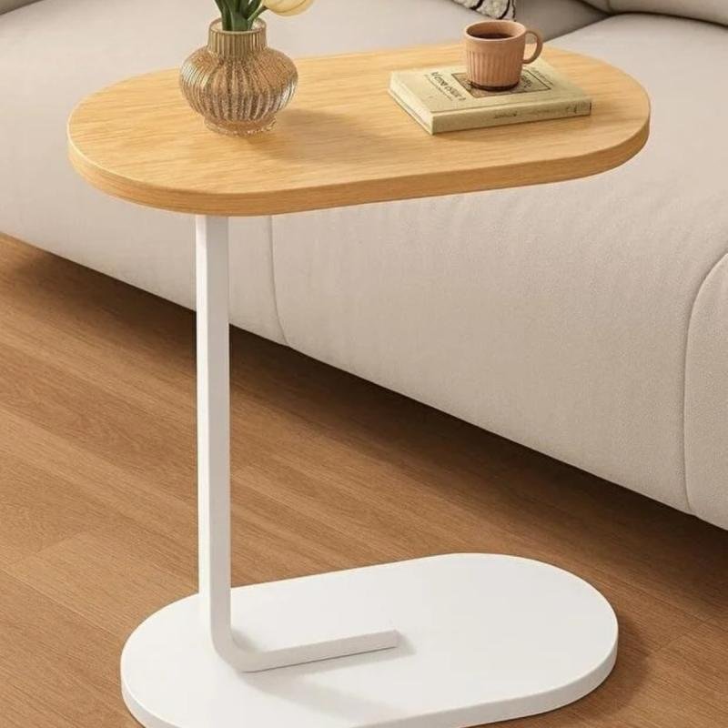 طاولة قهوة عصرية | طاولة جانبية علي شكل حرف سي سطح خشبي بني وهيكل معدني باللون الأسود 60x28x40 سم