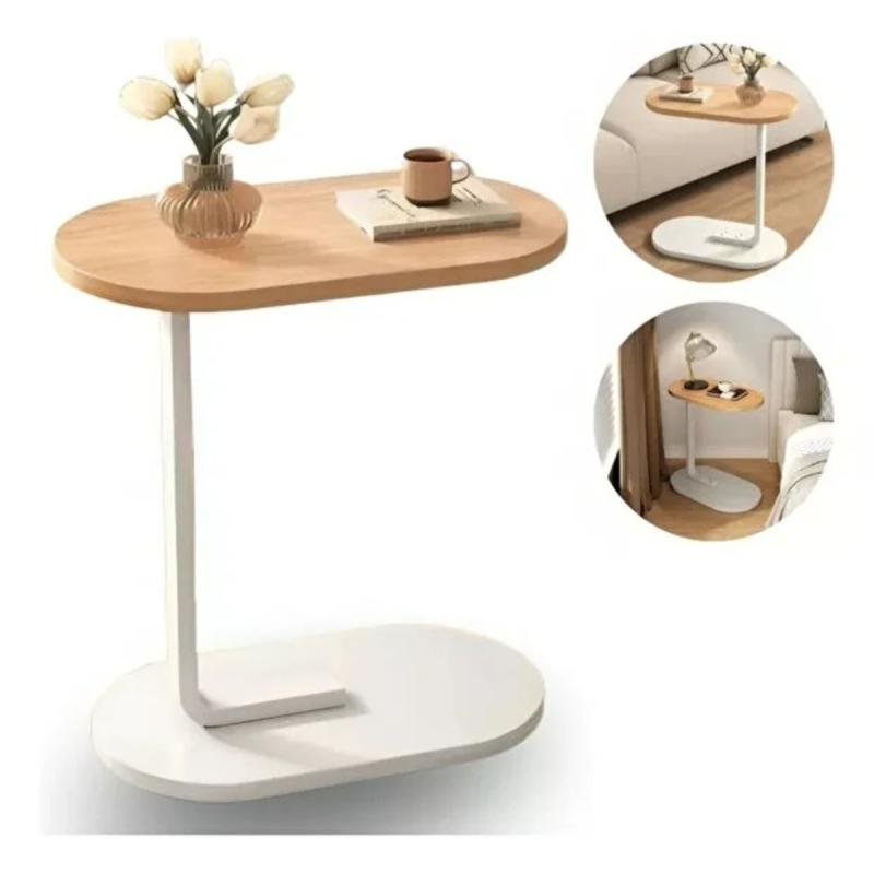 طاولة قهوة عصرية | طاولة جانبية علي شكل حرف سي سطح خشبي بني وهيكل معدني باللون الأسود 60x28x40 سم