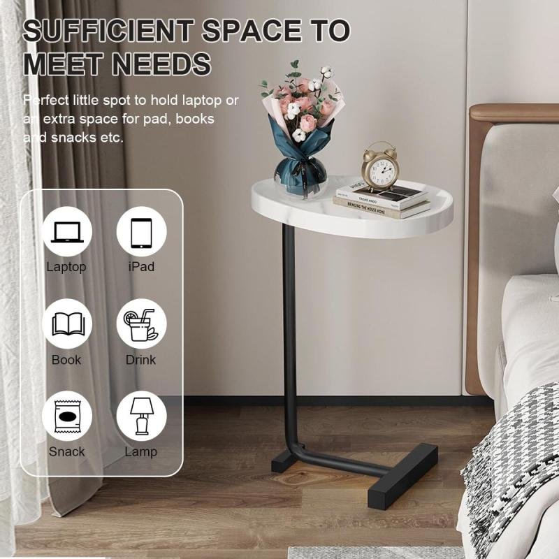 طاولة قهوة عصرية | طاولة جانبية علي شكل حرف سي سطح رخامي ابيض وارجل معدنية باللون الأسود 60x45x30 سم