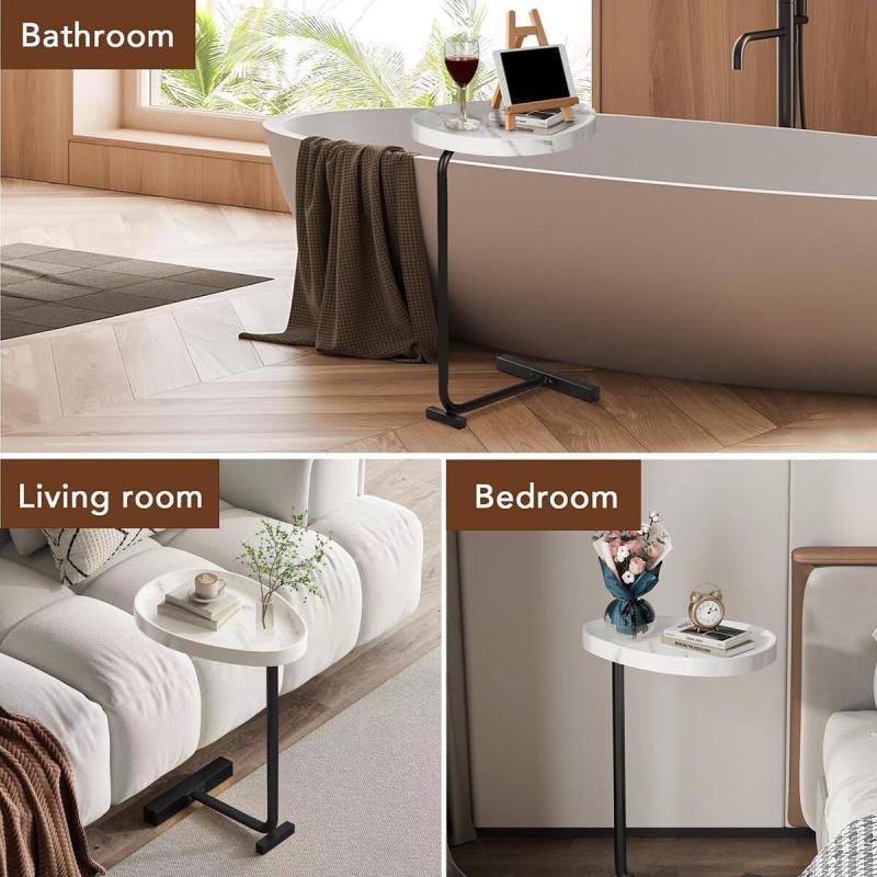 طاولة قهوة عصرية | طاولة جانبية علي شكل حرف سي سطح رخامي ابيض وارجل معدنية باللون الأسود 60x45x30 سم
