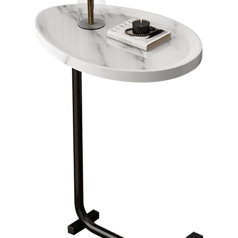 طاولة قهوة عصرية | طاولة جانبية علي شكل حرف سي سطح رخامي ابيض وارجل معدنية باللون الأسود 60x45x30 سم