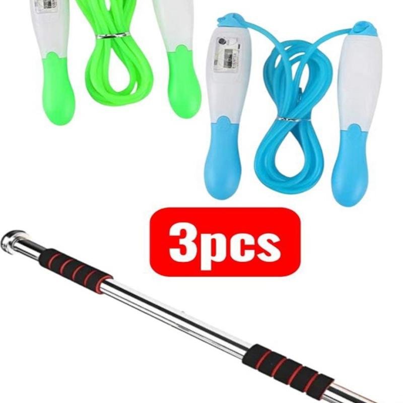 طقم رياضي مكوّن من 3 قطع: 2 حبل قفز مزوّد بعدّاد (أخضر وأزرق) + بار حديد للتمارين مع مقابض إسفنجية