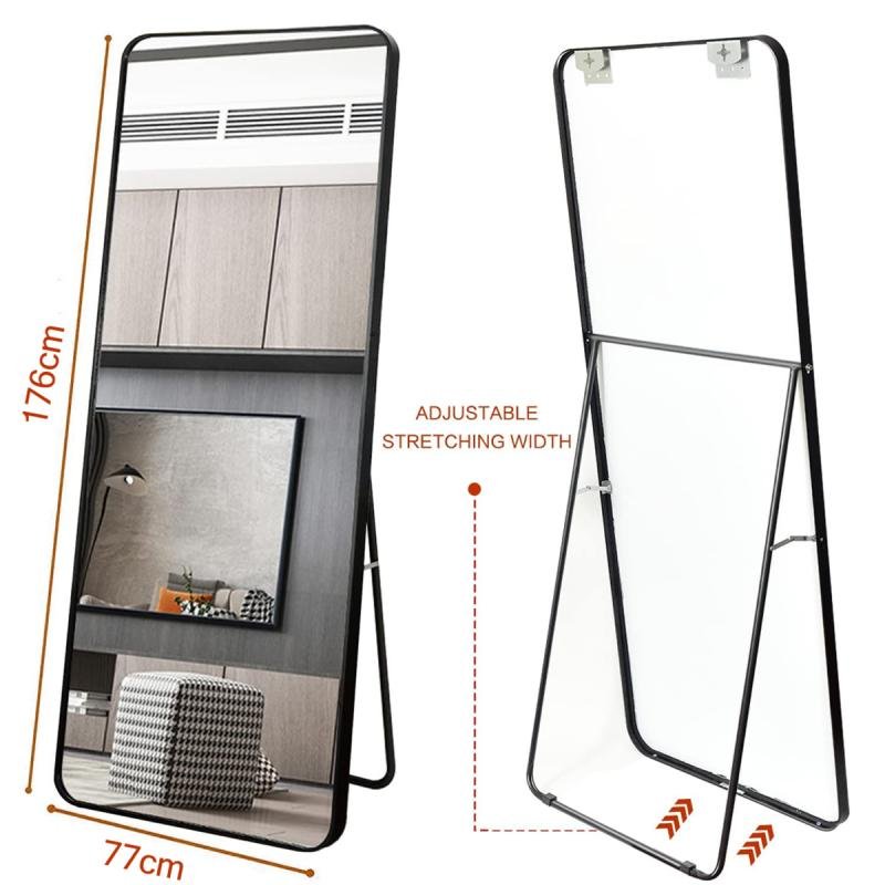 مرآة مستطيلة حديثة كاملة الطول 176 × 77 سم بزوايا مستديرة وإطار معدني أسود