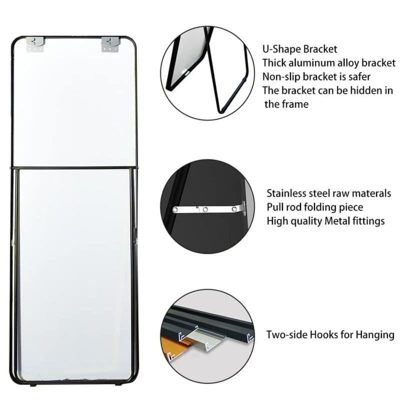 مرآة مستطيلة حديثة كاملة الطول 176 × 77 سم بزوايا مستديرة وإطار معدني أسود