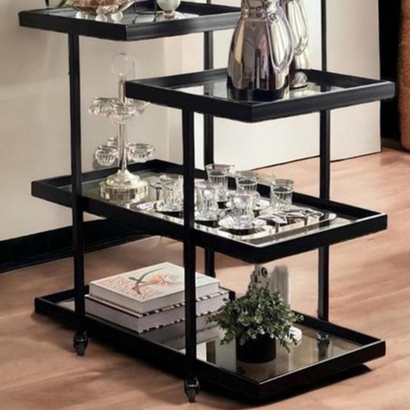 عربة تقديم حديد وزجاج شفاف أسود - 80×35×80