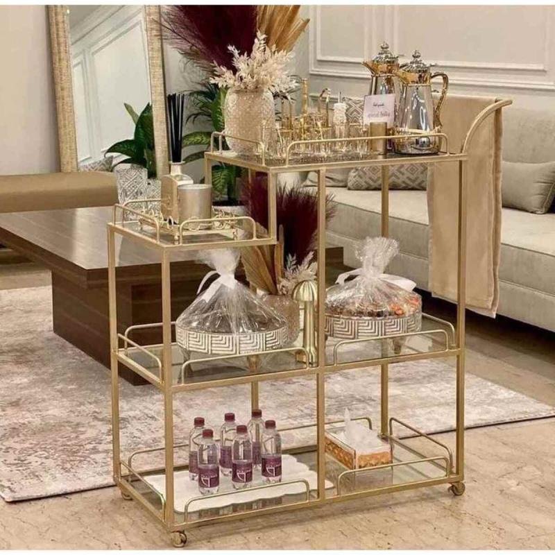عربة تقديم حديد وزجاج ذهبي - 80×30×90 سم