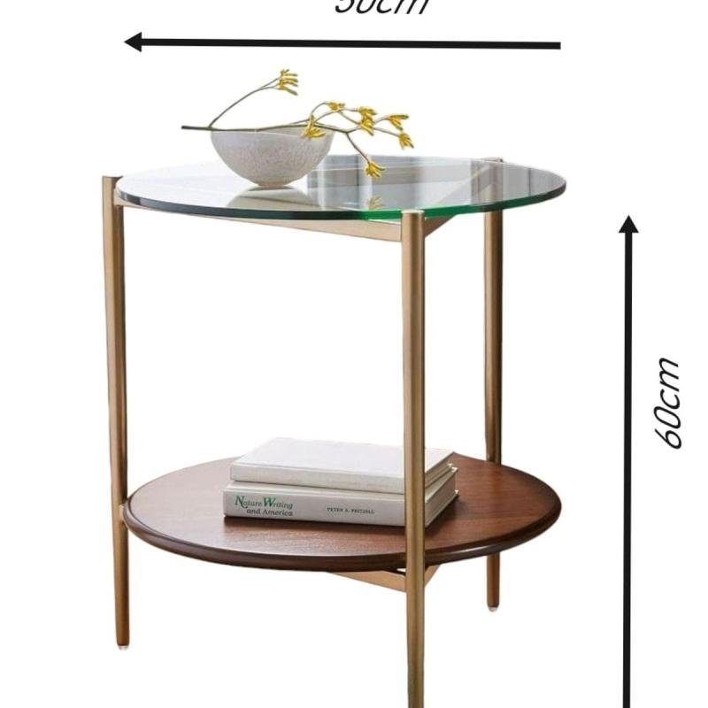 طاولة جانبية معدن وزجاج وخشب ام دي اف ذهبي وبني - 50×50×60 سم