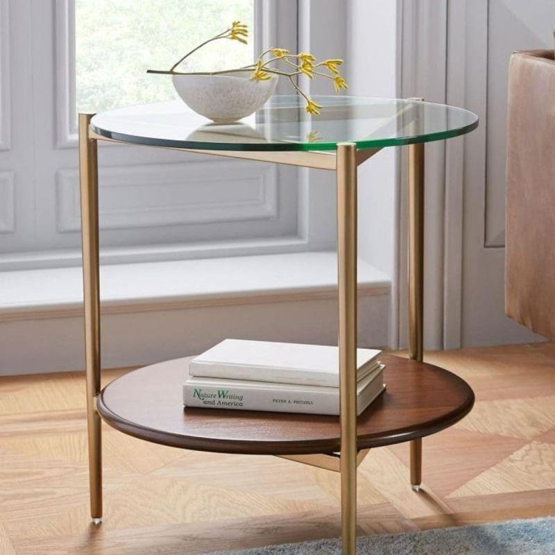 طاولة جانبية معدن وزجاج وخشب ام دي اف ذهبي وبني - 50×50×60 سم