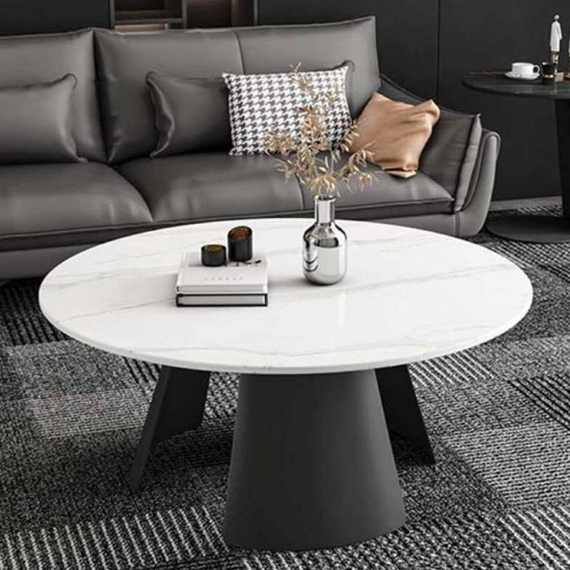 طاولة قهوة حديد وخشب رخامي وام دي اف اسود وابيض - 80×80×45 سم