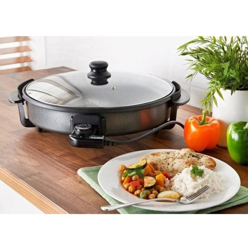 مقلاة كهربائية (36 سم) 1500 واط مع غطاء زجاجي للبيتزا والأومليت والناتشوز والتورتيلا والفطائر