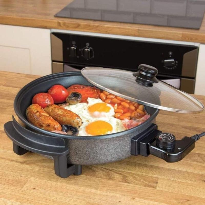 مقلاة كهربائية (36 سم) 1500 واط مع غطاء زجاجي للبيتزا والأومليت والناتشوز والتورتيلا والفطائر