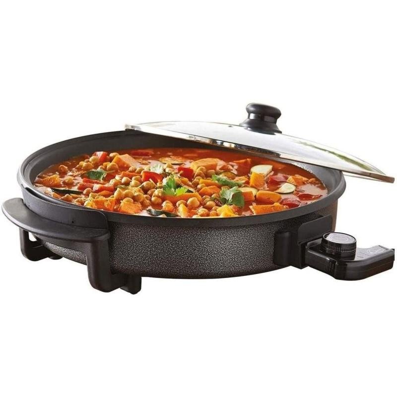 مقلاة كهربائية (36 سم) 1500 واط مع غطاء زجاجي للبيتزا والأومليت والناتشوز والتورتيلا والفطائر