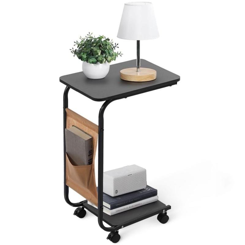 طاولة جانبية للسرير متعددة الأغراض/طاولة دراسة/طاولة كمبيوتر محمول/طاولة قهوة مع عجلات - أسود