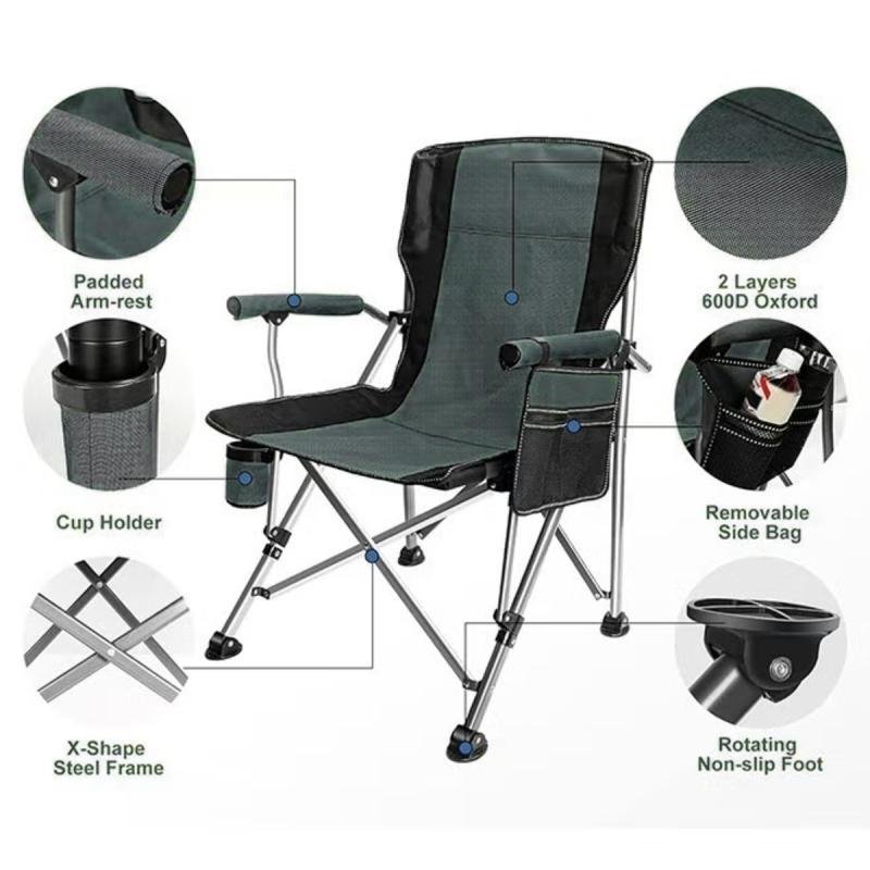 كرسي تخييم قابل للطي مع جيب تخزين جانبي وحامل أكواب ومسند ذراع مبطن