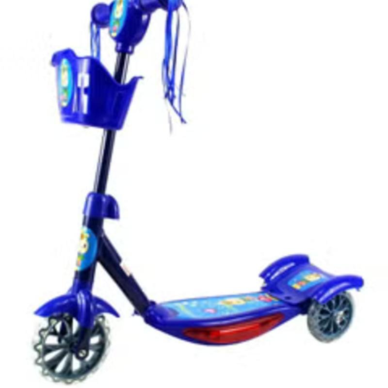 سكوتر بثلاث عجلات مع موسيقى وإضاءة باللون الأزرق مع سلة تخزين في الأمام